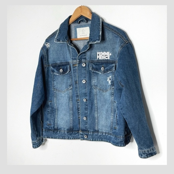 NEW Cotton On Denim Jacket Femme Fierce Graphic Worn In Statement Denim Jacket - Picture 2 of 15
